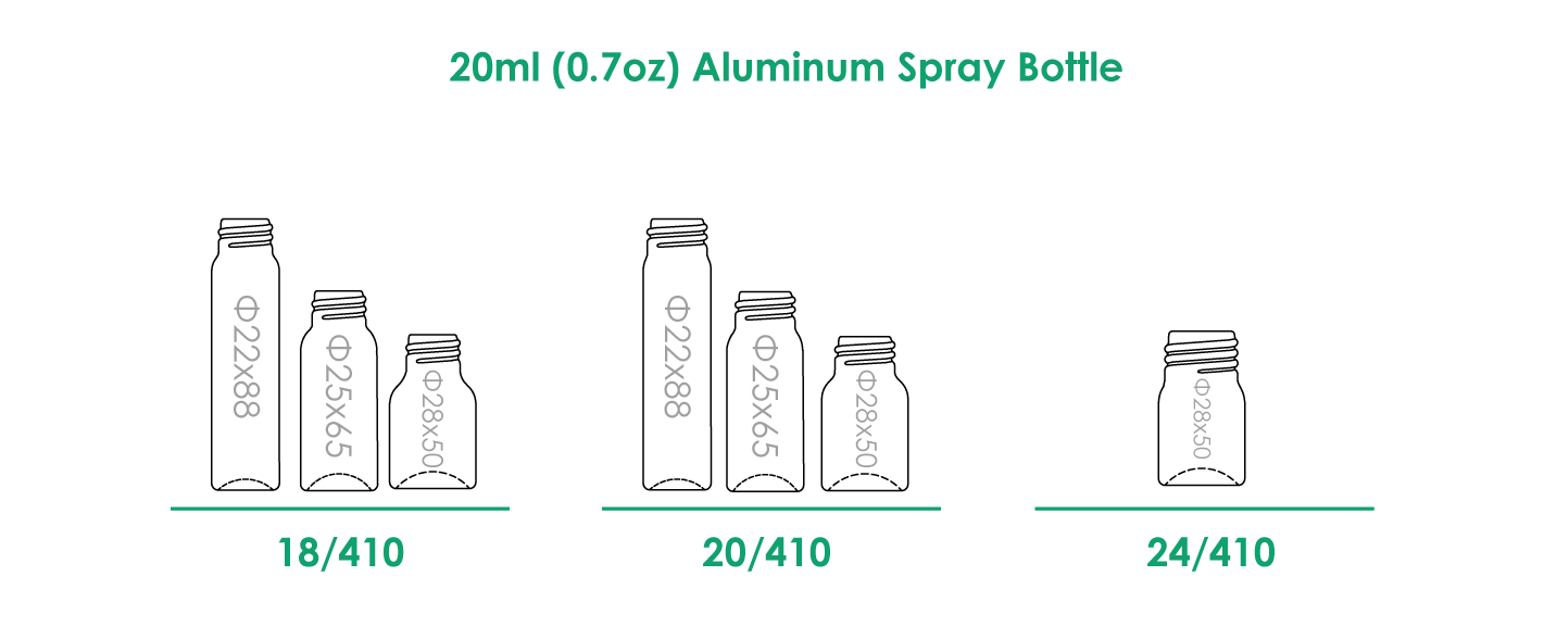 Botella con pulverizador de aluminio de 20 ml con acabado en el cuello